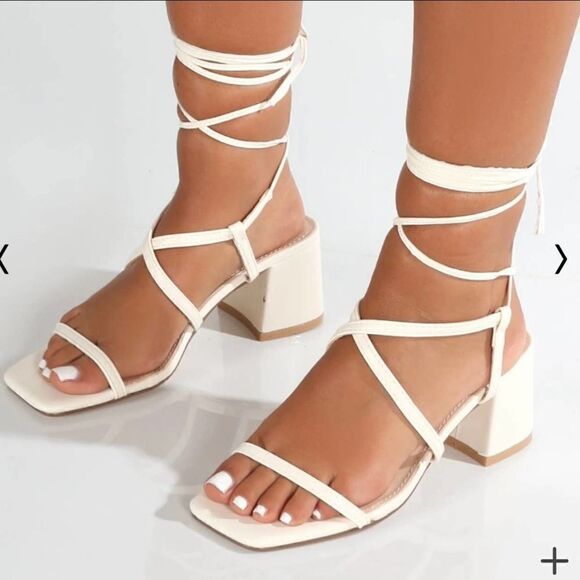 Public Desire Mabel Wide Fit Off White Ankle Tie Block Heeled Sandals Size UK 8W - Picture 1 of 13